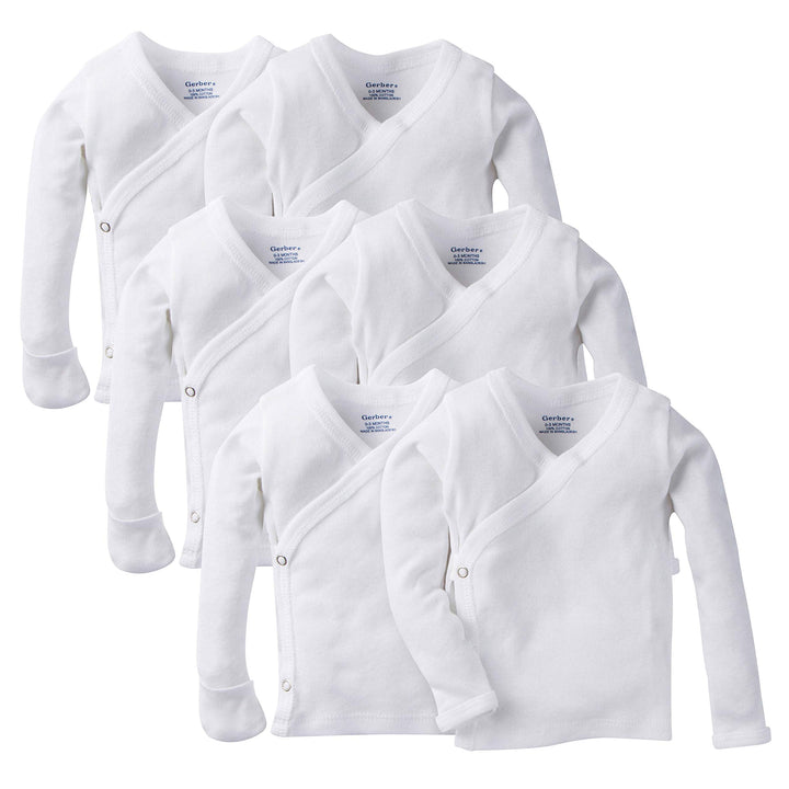 Baby 6-Pack Long-Sleeve Side-Snap Mitten-Cuff Shirt, White, 0-3 Months