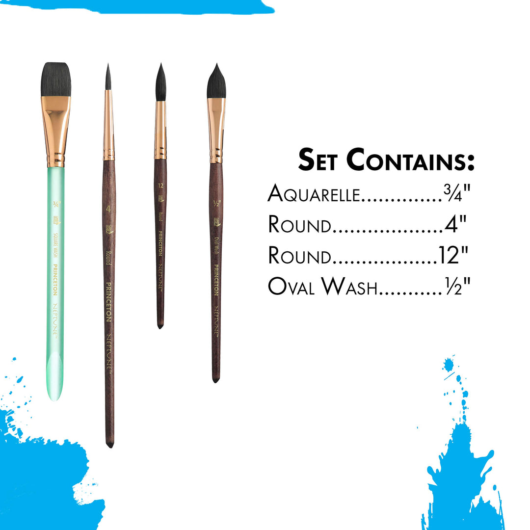 Artist Brush Neptune Series 4750 - 4-Piece Synthetic Squirrel Watercolor Paint Brush Set- Includes Aquarelle ¾” Oval Wash ½ & 2 Round Brushes Sizes 4 & 12