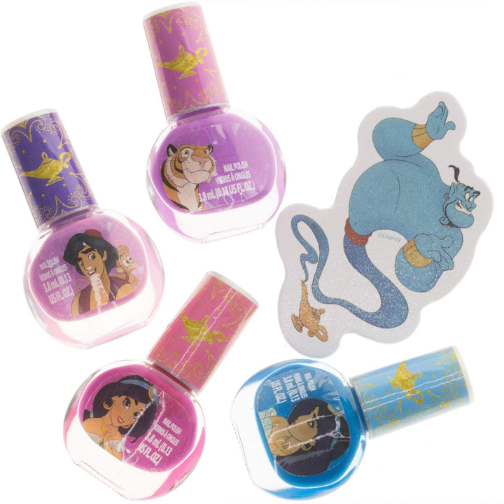 Disney Aladdin Non-Toxic Peel-Off Nail Polish Set with Nail File and Glitter Bag for Girls, Opaque Colors, Ages 3+ (4 Pack), 5 Count