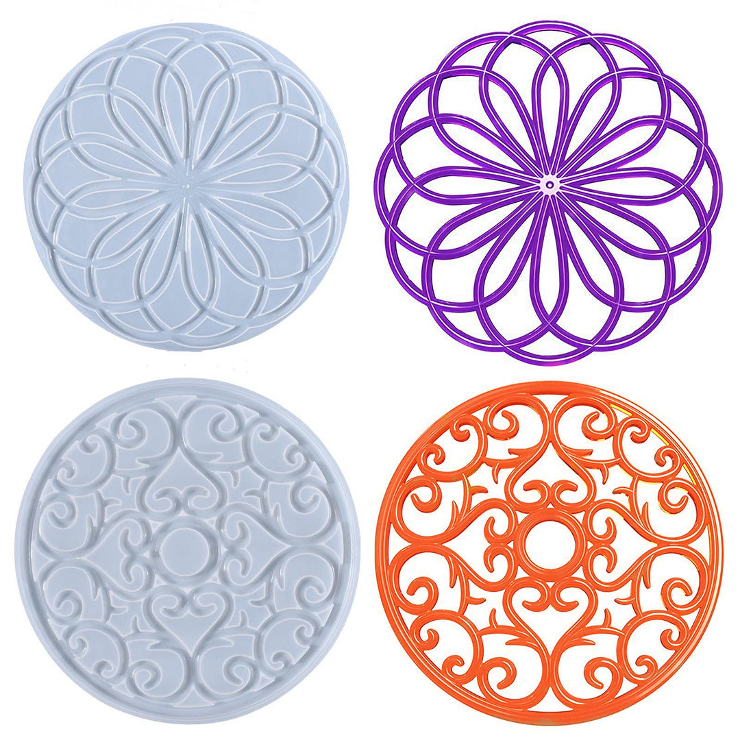 Coaster Resin Molds 2pcs Large Silicone Coaster Molds with Design 3D Mandala Flower Geode Tray Epoxy Molds Silicone Trivet Mats Resin Casting Mold