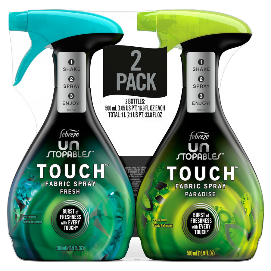 Fabric Spray, Unstopables Touch Fabric Refresher Spray, Odor Eliminator for Strong Odor, Fresh & Paradise, 16.9 Oz (2 Count)