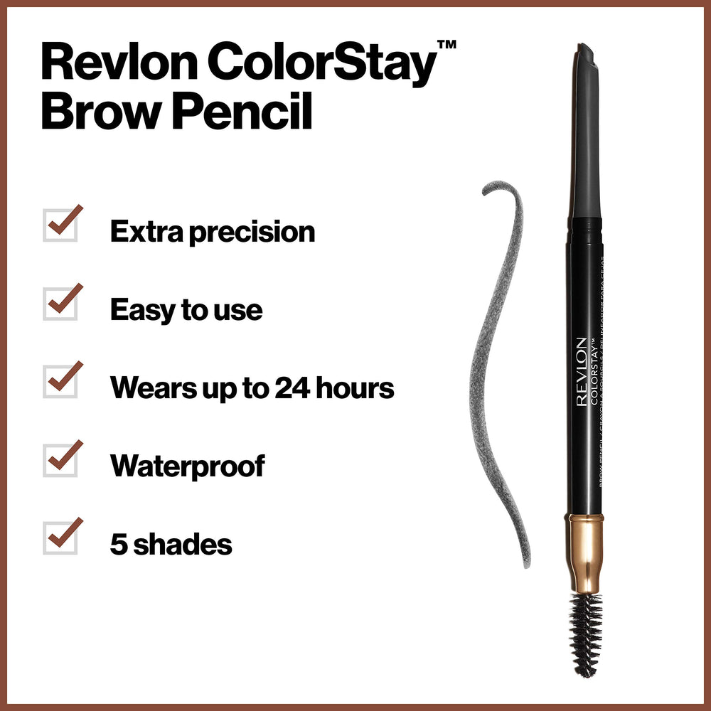 Revlon ColorStay Eyebrow Pencil with Spoolie Brush, Waterproof, Longwearing, Angled Tip Applicator for Perfect Brows, Soft Black (225)