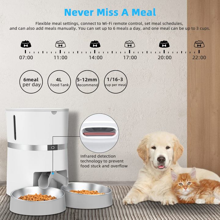 Automatic Cat Feeder, Smart Pet Food Dispenser with APP Control,WiFi Enabled Automatic Feeder for Dogs, Cats & Small Pets, Double Stainless Steel Bowls,6 Meals Portion Control and Voice Recording