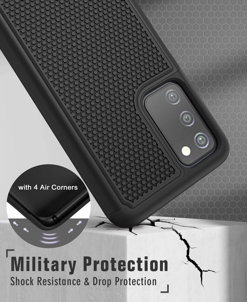 for Samsung Galaxy A03s Phone Case: Military Matte Drop Proof Phone Protective | Sturdy Shockproof Case with Rough Textured - Rugged Dual Layer Design | Heavy Duty Protection - Black (Black)