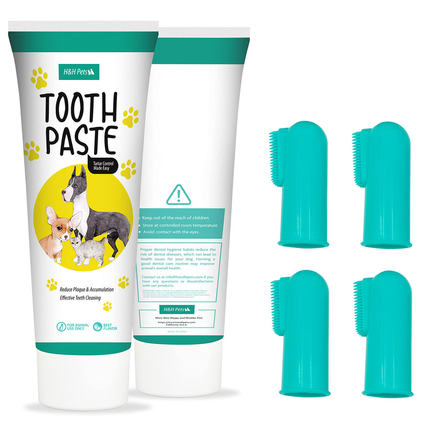 Dog Toothbrushes and Toothpaste Best Professional Cat & Dog Finger Tooth Brush, Dog Brush Set, Perfect for Dogs and Cats, Dog Supplies - Size Small 4 Count 3.5 Oz Toothpaste (100g)