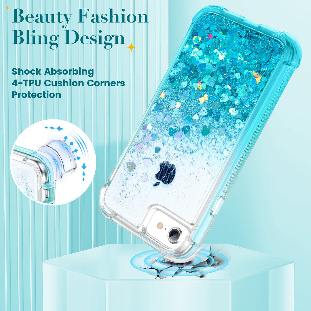 for iPhone 6 6s 7 8 Case, iPhone SE 2020 Case, Glitter Full Body Rugged Liquid Cover with Built-in Screen Protector Shockproof Heavy Duty Girls Women Case for iPhone SE 2022 4.7” (Gradient Teal)