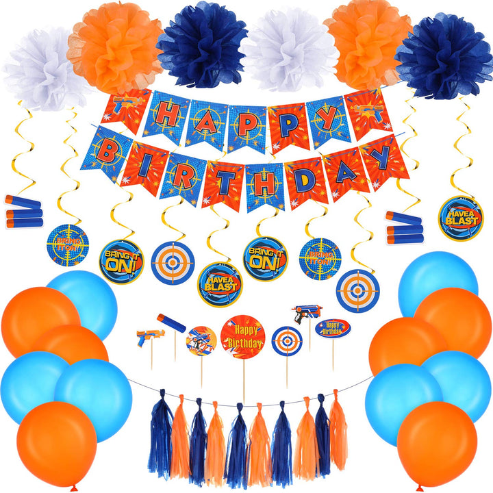 53 Pieces Dart Battle Party Supplies Dart Gun Birthday Decorations Supplies Include Gun Banner Paper Flower Pom Hanging Swirls Latex Balloons Tassel Garland Cake Cupcake Topper