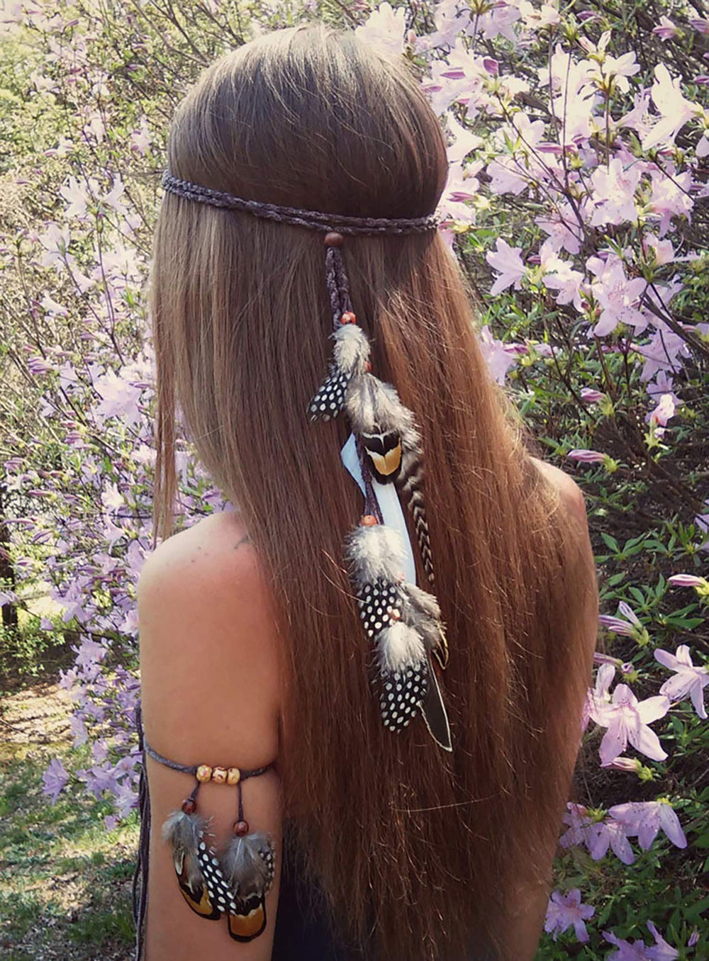 Set of 2 Gypsy Hippie Feather Headband Headdress and Armband Bohemian Headwear Headpiece Handmade Tribal Indian Fascinator Feather Hairband Hair Accessories for Women Lady (A#)
