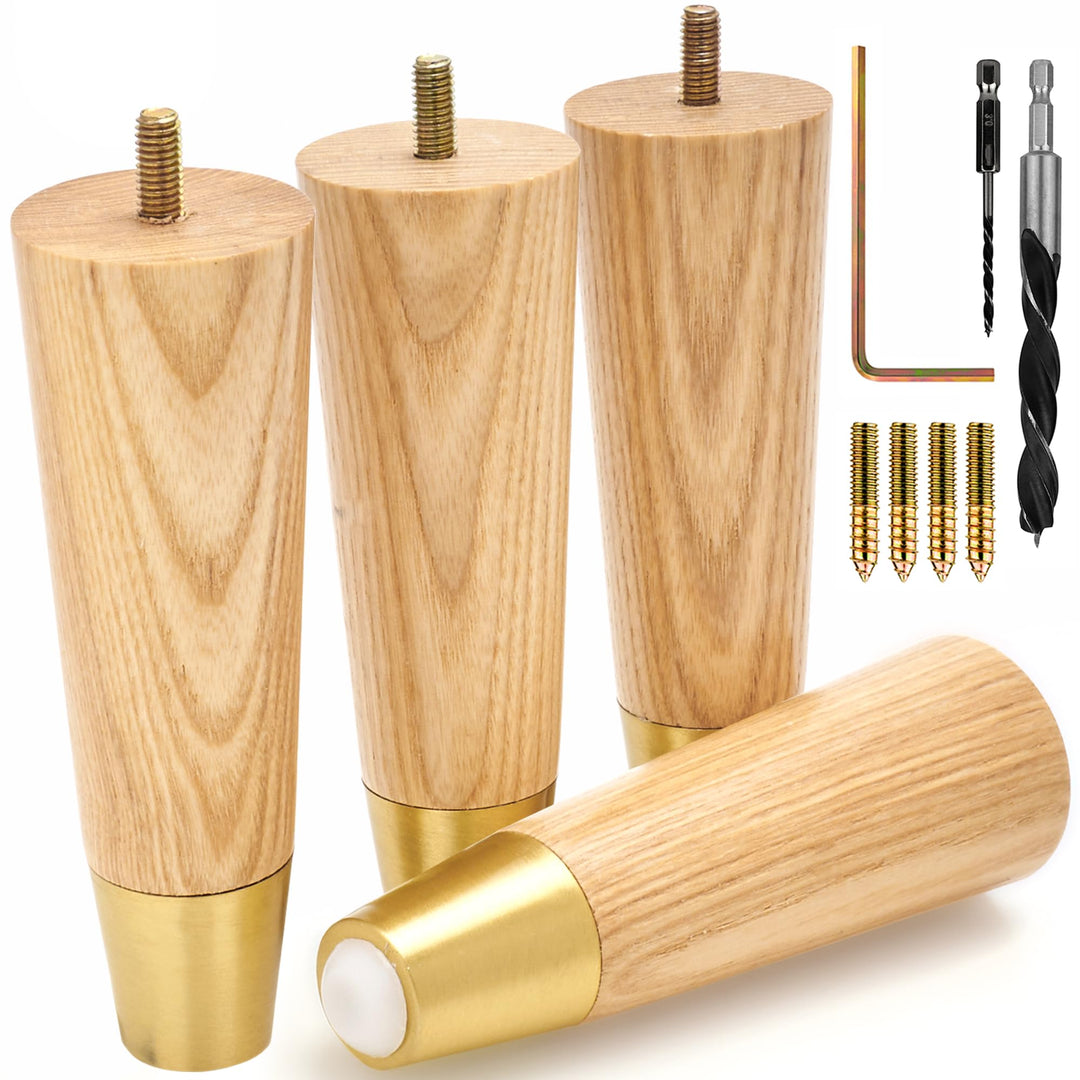 Ash Wood Furniture Legs With Gold Caps - Mid Century Legs For Sofa, Chair, Table, Dresser, Bed, Cabinet, Ottoman - Wooden Legs Are Easy To Install & Include Installation Hardware - Set of 4, 6 Inches