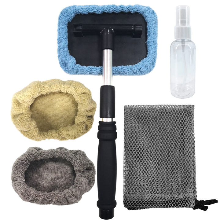Pivoting Windshield Glass Cleaning Tool Extendable Aluminum Handle w/3 Premium Microfiber Covers