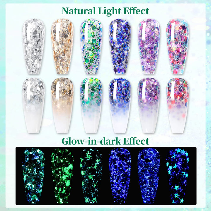 Glitter Gel Nail Polish Halloween Glow in The Dark Luminous Nail Polish Sparkly Shiny Gel Polish Kit with Nail Brush Soak Off Nail Polish Home DIY Manicure Varnish Halloween's Gift