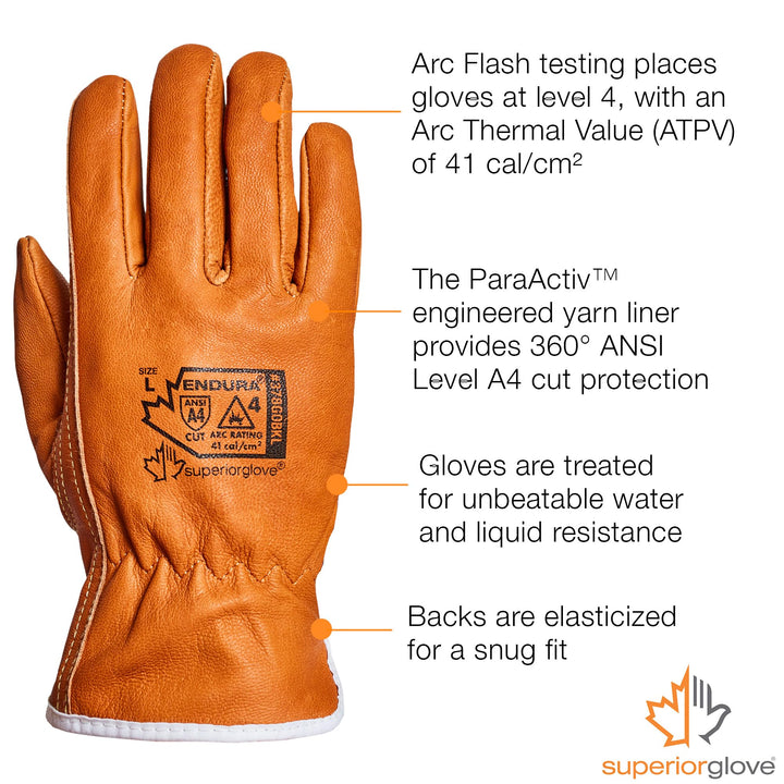 Goat Grain Leather Work Arc Flash Gloves with ParaActiv Cut Resistant Protection - Endura Safety Gloves Water Resistant 378GOBKL (1 Pair) Size Large