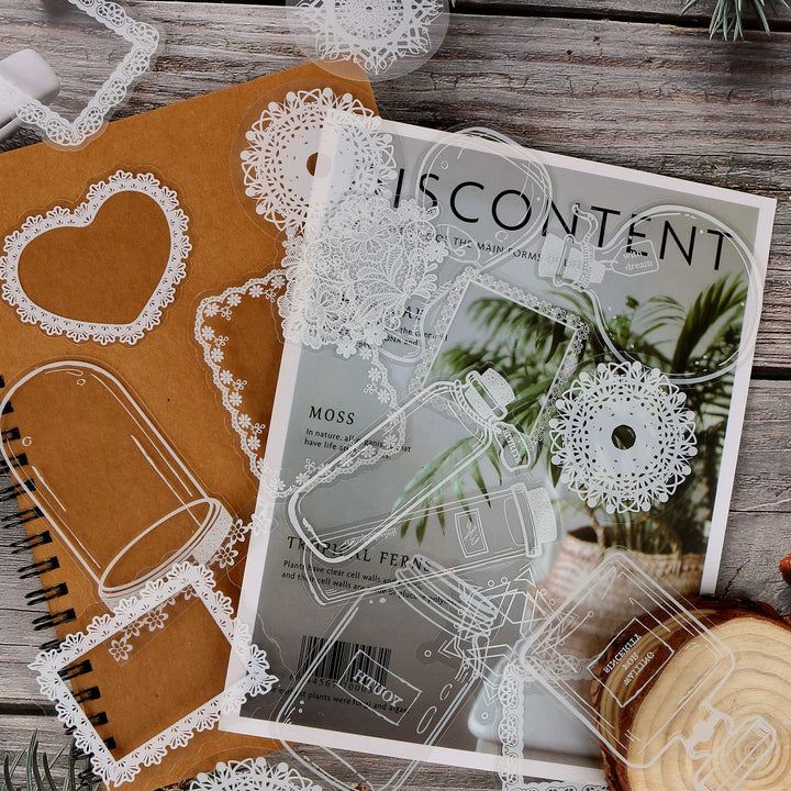 DREMISI 180Pcs Transparent Aesthetics Sticker Glassware Bottle Shape Stickers Lace Stickers PET Transparent Photo Frame Aesthetics Stickers for Scrapbook Journal Planner Diary Notebook Album, 6 Packs