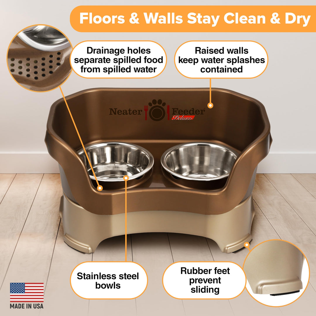 Neater Feeder Deluxe Mess Proof Dog Bowls Elevated Medium Sized Dog Breed – Made in USA – No Spill Raised Dog Food Bowl Stand – Stainless Steel Food and Water Bowl Set, Pet Feeding Station, Bronze