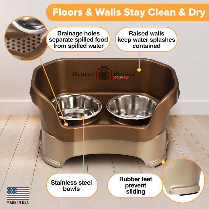 Neater Feeder Deluxe Mess Proof Dog Bowls Elevated Medium Sized Dog Breed – Made in USA – No Spill Raised Dog Food Bowl Stand – Stainless Steel Food and Water Bowl Set, Pet Feeding Station, Bronze