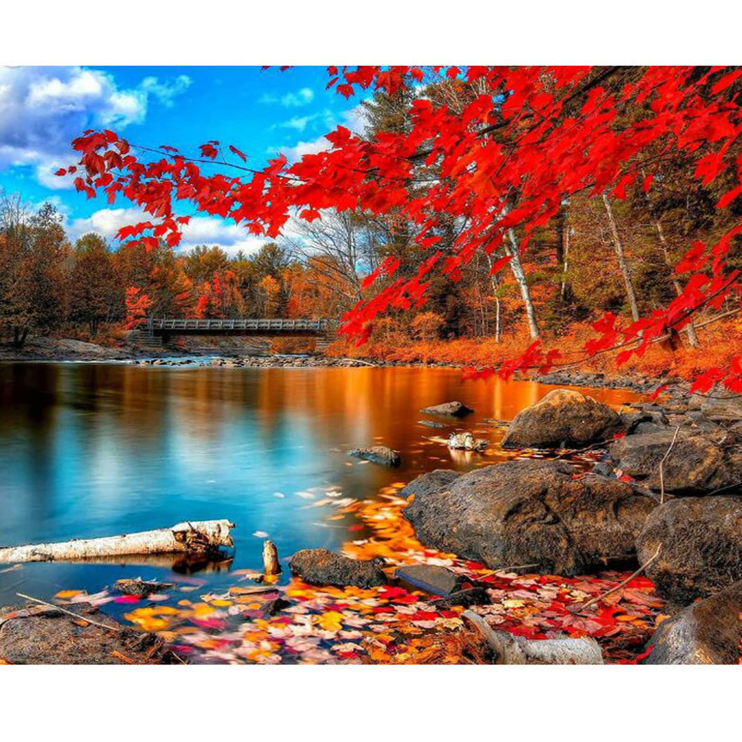 5D Diamond Painting Kits Fall Maple Lakeside 16x20inch Round Full Drill Diamond Art Kits for Adults Lake