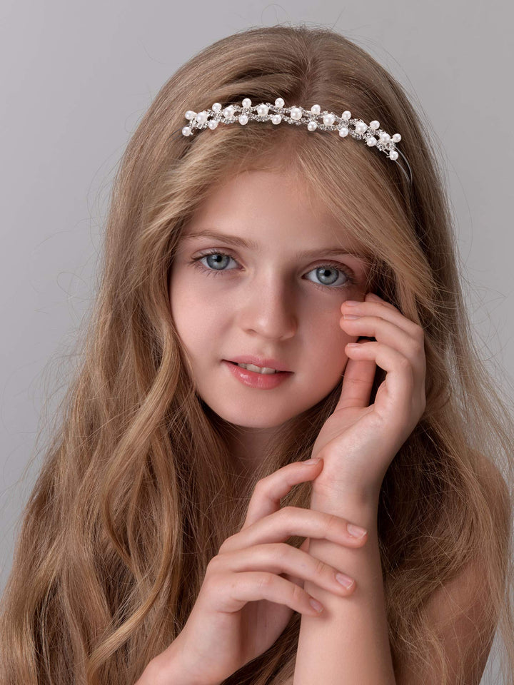 2 Pieces Flower Girls Headpiece Princess Wedding Faux Pearls Rhinestone Headband Bridal Crystal Hairband Tiara for Flower Girls Toddler Crown Wedding Party Hair Accessory