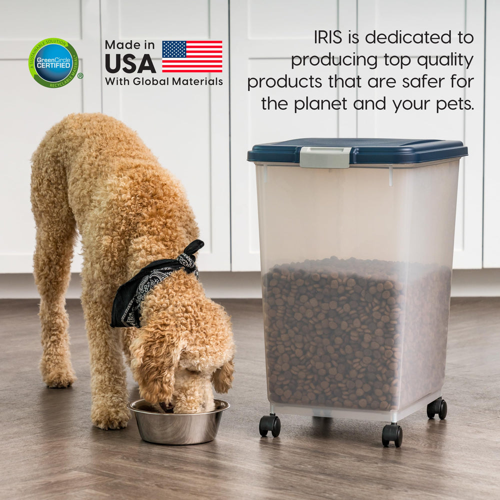 USA Airtight Dog Food Storage Container, Up to 50 lbs, Attachable Wheels, For Dog Cat Bird and Other Pet Food Storage Bin, Keep Fresh, Translucent Body, Easy Mobility, Navy