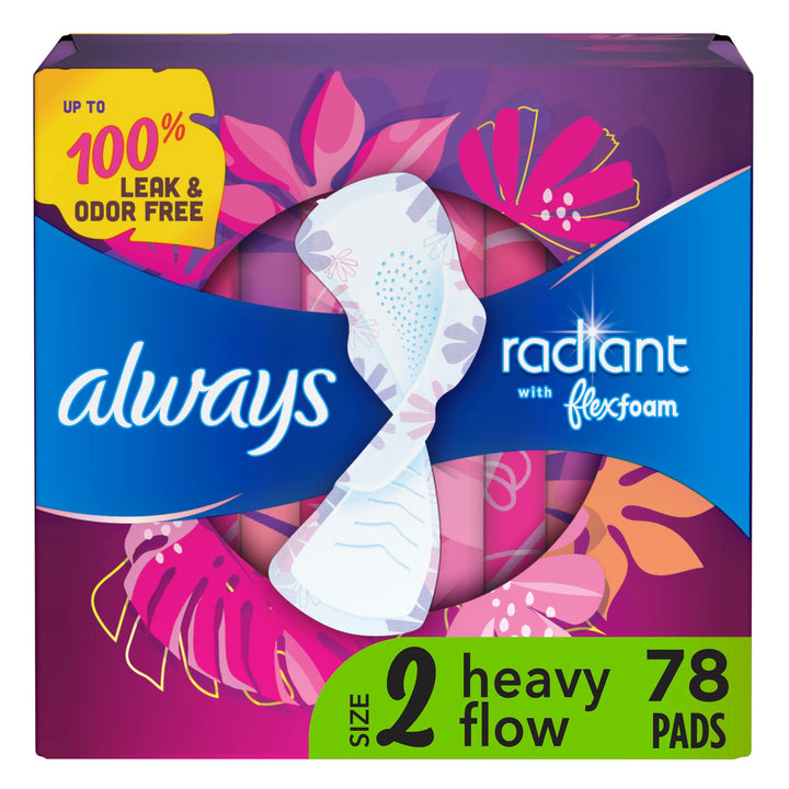 Radiant Feminine Pads For Women, Size 2 Heavy Flow Absorbency, Multipack, With Flexfoam, With Wings, Light Clean Scent, 26 Count x 3 Packs (78 Count total)