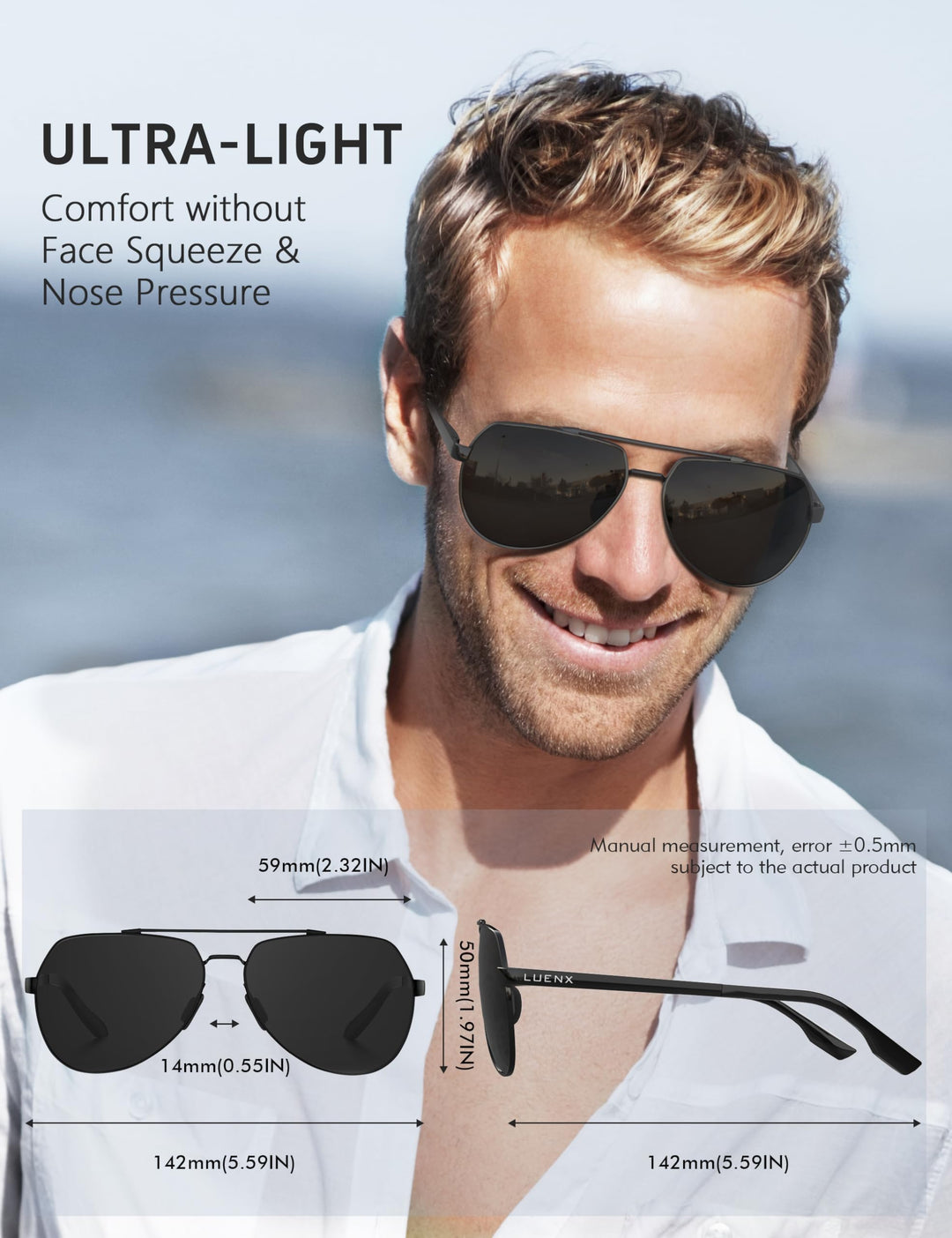 Men Aviator Sunglasses Polarized Shades Flexible Spring Hinge - Light Blue Mirror Lens Black Metal Frame 60mm