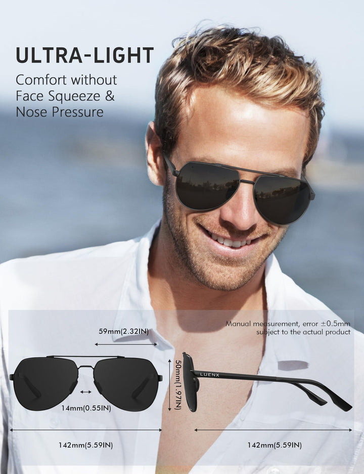 Men Aviator Sunglasses Polarized Shades Flexible Spring Hinge - Light Blue Mirror Lens Black Metal Frame 60mm