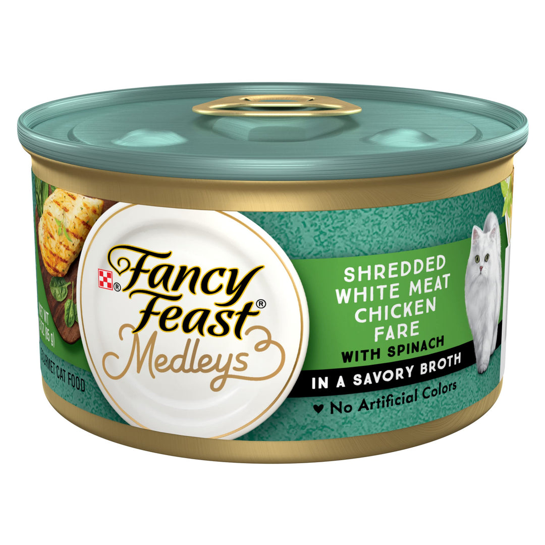 Purina Wet Cat Food Medleys Shredded White Meat Chicken Fare With Spinach in Savory Cat Food Broth - (Pack of 24) 3 oz. Cans