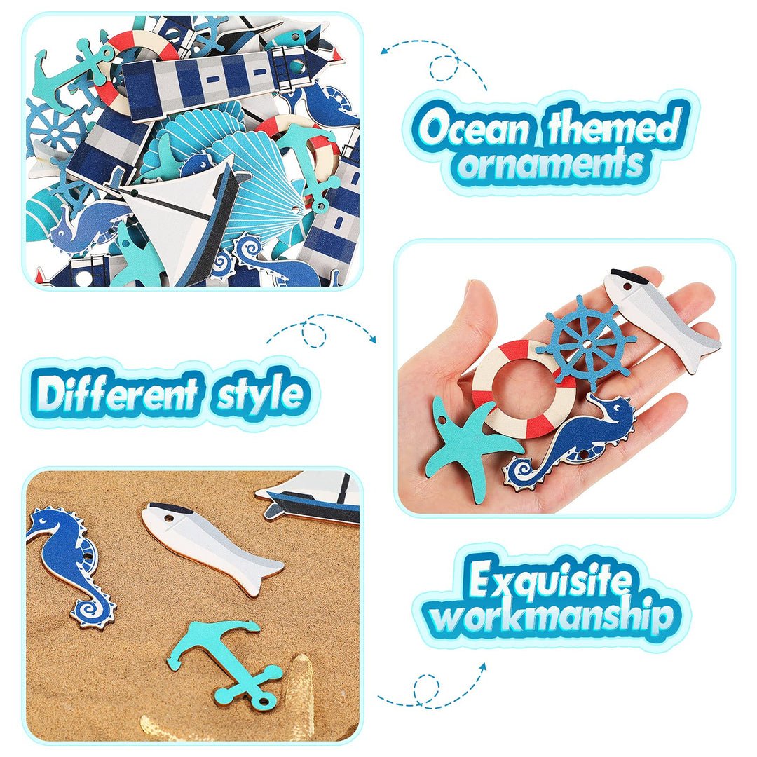 40 Pieces Coastal Cruise Ship Miniature Beach Themed Arts and Crafts Wood Anchor Decor Steering Wheel Lighthouse Starfish Seashell Seahorse Sailboat Wall Decor for Home Wall Decor Crafts