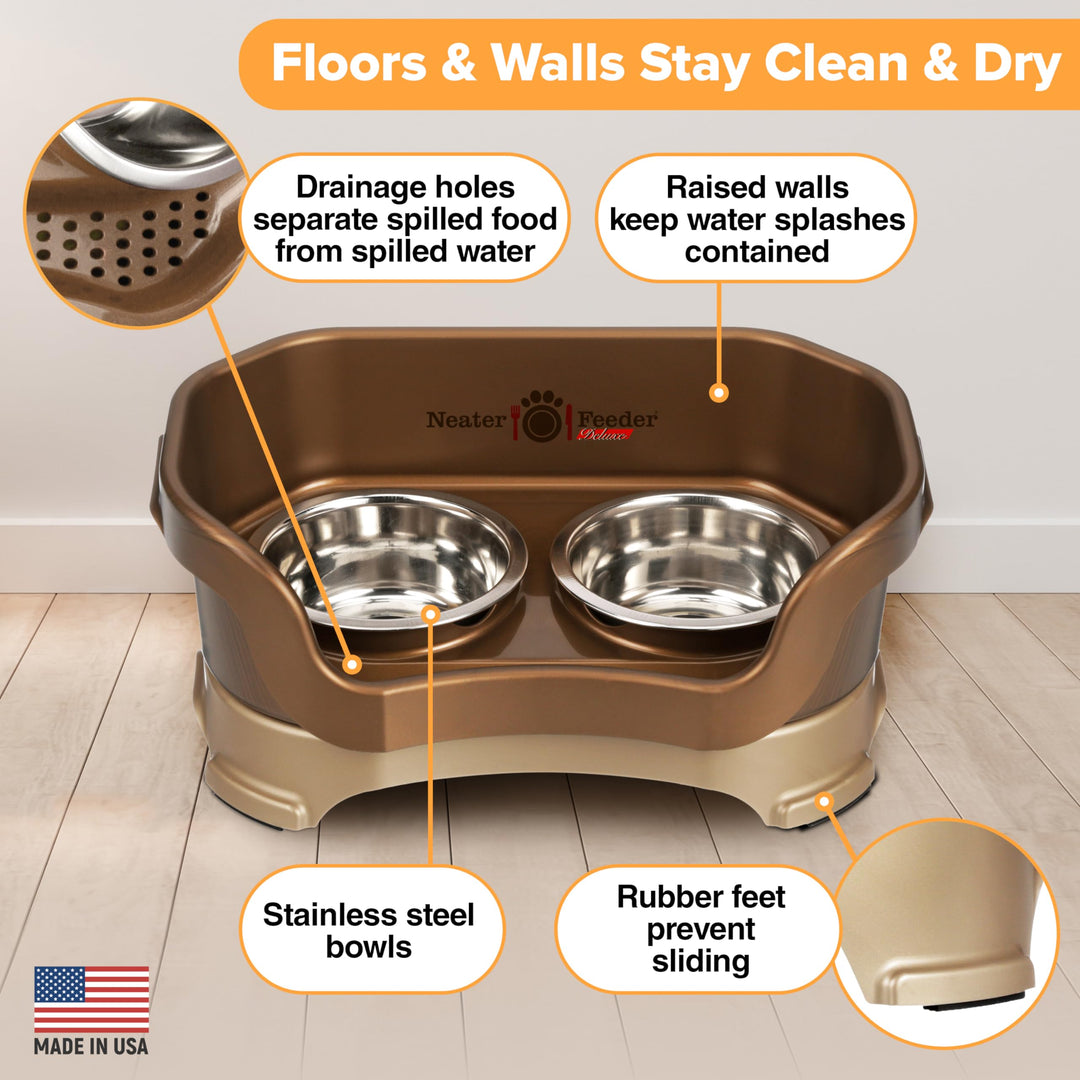 Neater Feeder Deluxe Mess Proof Dog Bowls Elevated for Small Breed – Made in USA – No Spill Raised Dog Food Bowl Stand – Stainless Steel Food and Water Bowl Set, Pet Feeding Station, Bronze