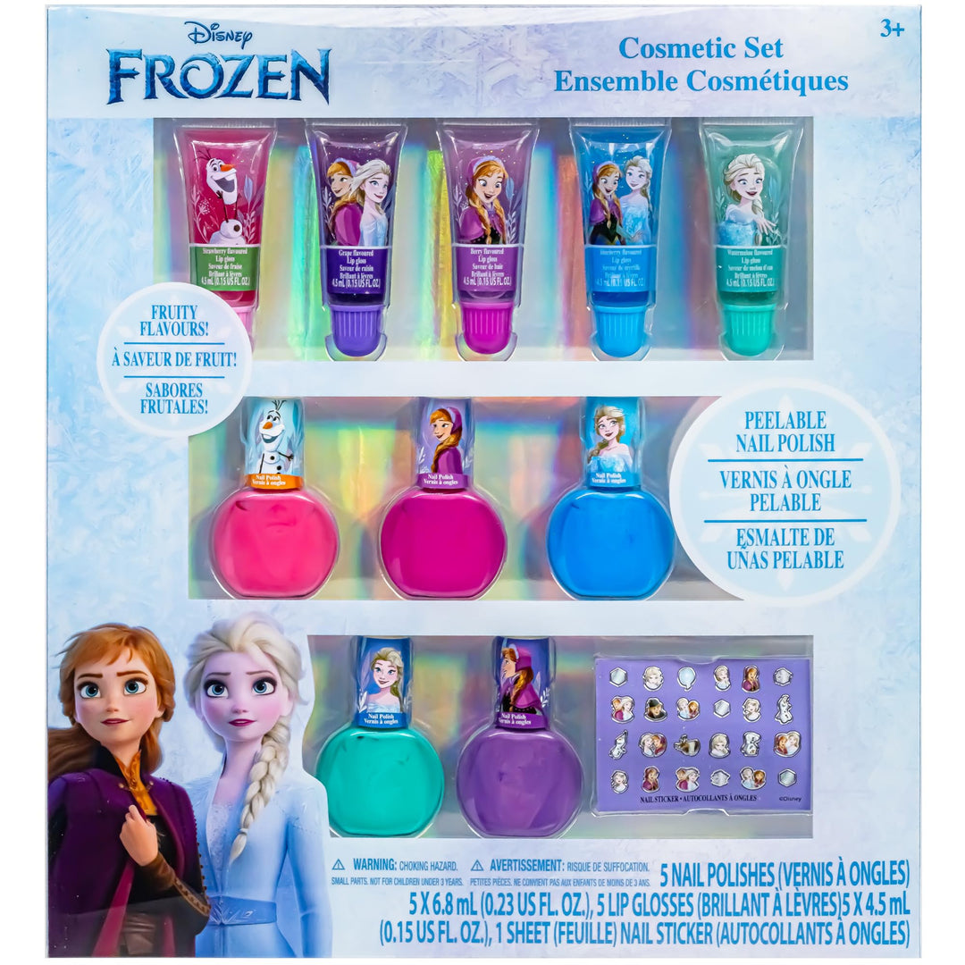 Disney Frozen 2 - Super Sparkly Cosmetic Makeup Set for Girls with Lip Gloss Nail Polish Nail Stickers - 11 Pcs|Perfect for Parties Sleepovers Makeovers| Birthday Gift for Girls 3 Yrs+