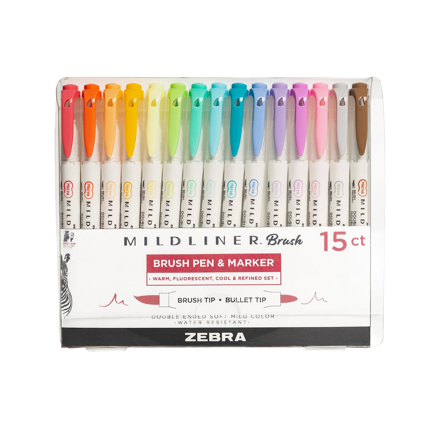 Mildliner Brush Marker, Double Ended Brush and Fine Tip Pen, Assorted Soft Colors, 15 Count (Pack of 1)