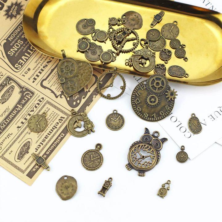 Antiqued Bronze Clock Face Charm Pendant, Wholesale Bulk Lots Mixed Gears Steampunk Charms Pendants DIY for Necklace Bracelet Jewelry Making and Crafting, 100g(38PCS)