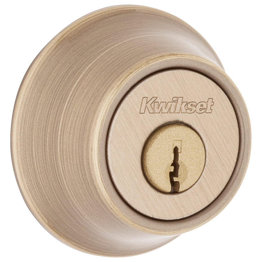 660 Deadbolt Deadbolt Lock, Antique Brass Round Exterior Keyed Front Entry Door, Single Cylinder Dead Bolt, with Microban Protection