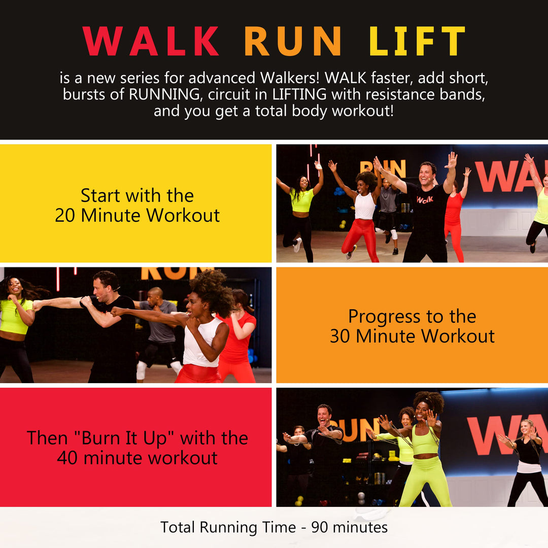 Walk Run Lift Band Bag Bundle with 7 Ring Resistance Bands, Happy Walking Firm Band, 1 DVD (3 Workouts) and Drawstring Bag for Home Workout Walking Exercise
