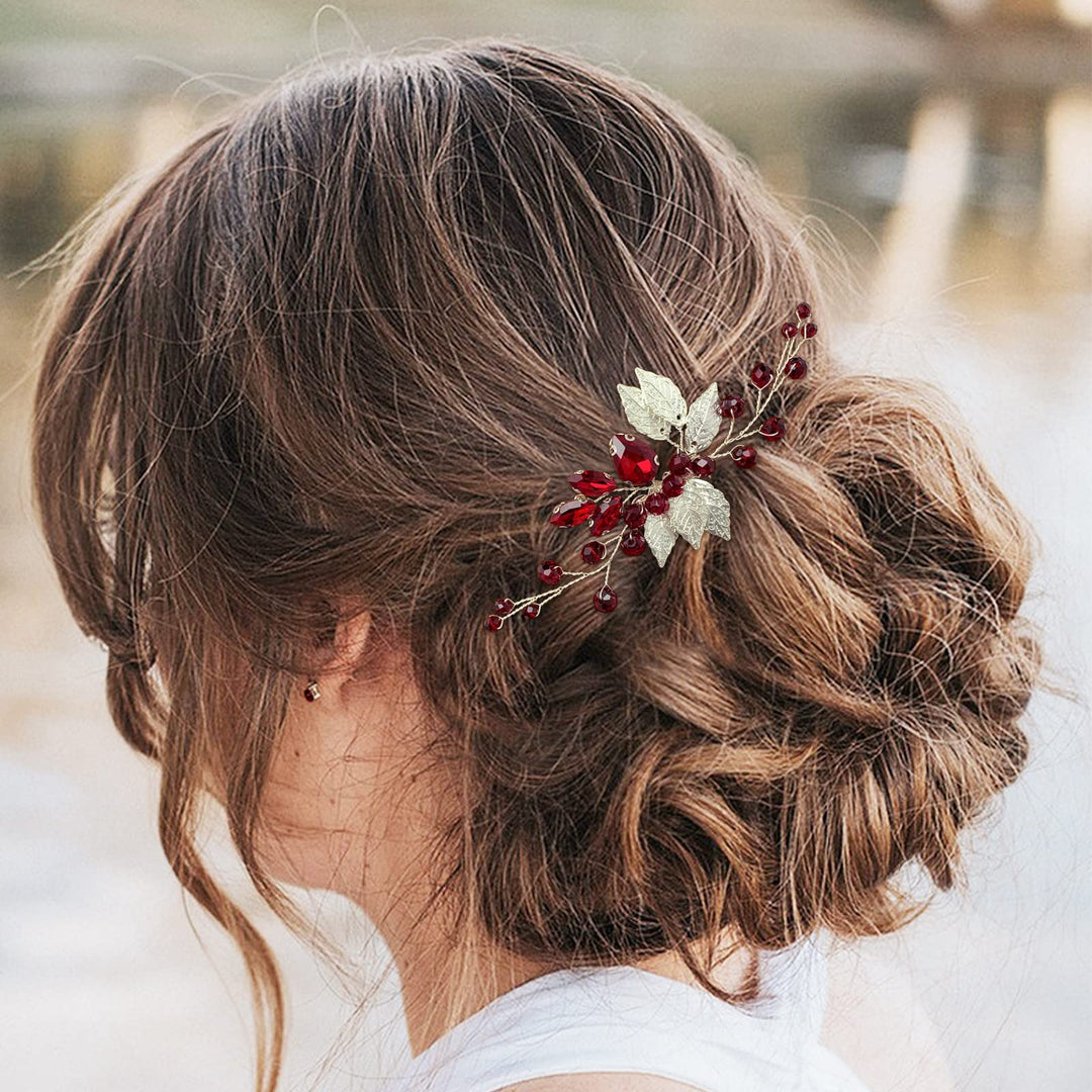 Bridal Hair Comb Emerald Green Crystal Gold Leaf Vine Hair Piece Accessories for Wedding Bride Women Party (Wine Red)