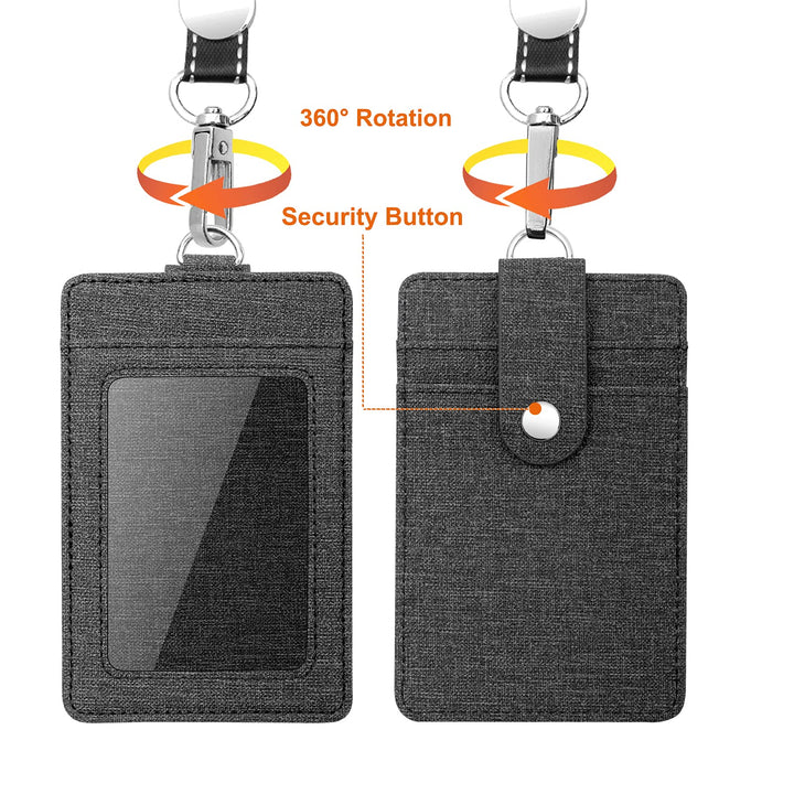 Badge Holder - Leather ID Card Holder Wallet Case with 3 Cards Slot and Neck Lanyard/Strap. Additional Retractable Badge Reel with Belt Clip (Black, Linen Finish)