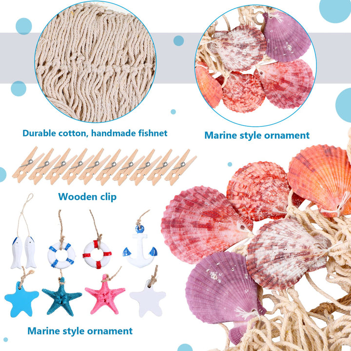 28 Pcs Fishnet Decorative Nature Fish Net Wall Decoration Set 79 x 59 Inch Nautical Fishing Net Hanging Decor, 9 Sea Shells, 4 Starfish, 2 Life Ring, Fish, Anchor, 10 Clips for Party (White)