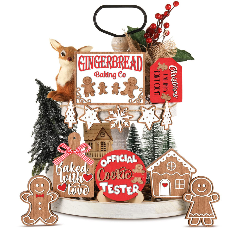 12 Pcs Christmas Tiered Tray Decorations Set Christmas Wooden Signs Tiered Tray Decor Xmas Gingerbread Man Snowflakes Pink Gnome Sign Rustic Farmhouse Decor for Home Table Shelf(Santa)