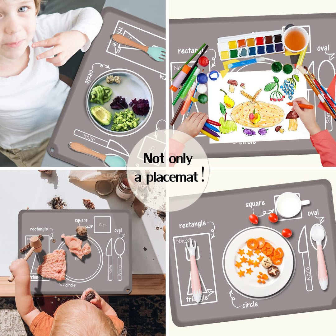 Kids Silicone Placemats, Baby Montessori Placemats for Kids Toddler Children Reusable Non-Slip Table Setting Mats for Restaurant, 2 Pack, Gray