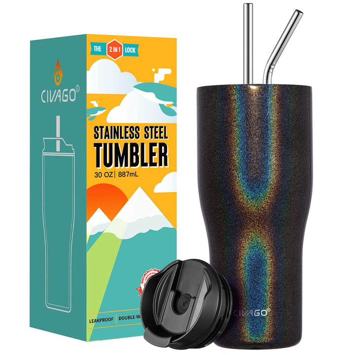 30 oz Insulated Tumbler with Straw and Lid, Stainless Steel Travel Coffee Mug Cup, Double Wall Vacuum Water Bottle, Black Glitter