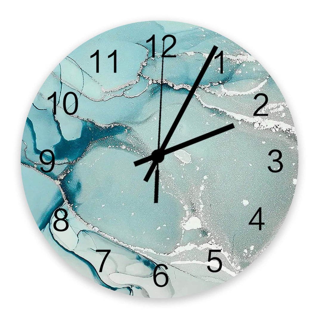 12 Inch Gradient Marble Round Wooden Wall Clock, Gradient Turquoise to Grey with Silver Stripes Wall Clock Battery Operated Abstract Wall Clock with Arabic Numerals for Living Room, Kitchen, Laundry