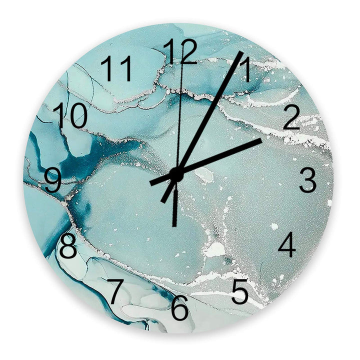 12 Inch Gradient Marble Round Wooden Wall Clock, Gradient Turquoise to Grey with Silver Stripes Wall Clock Battery Operated Abstract Wall Clock with Arabic Numerals for Living Room, Kitchen, Laundry