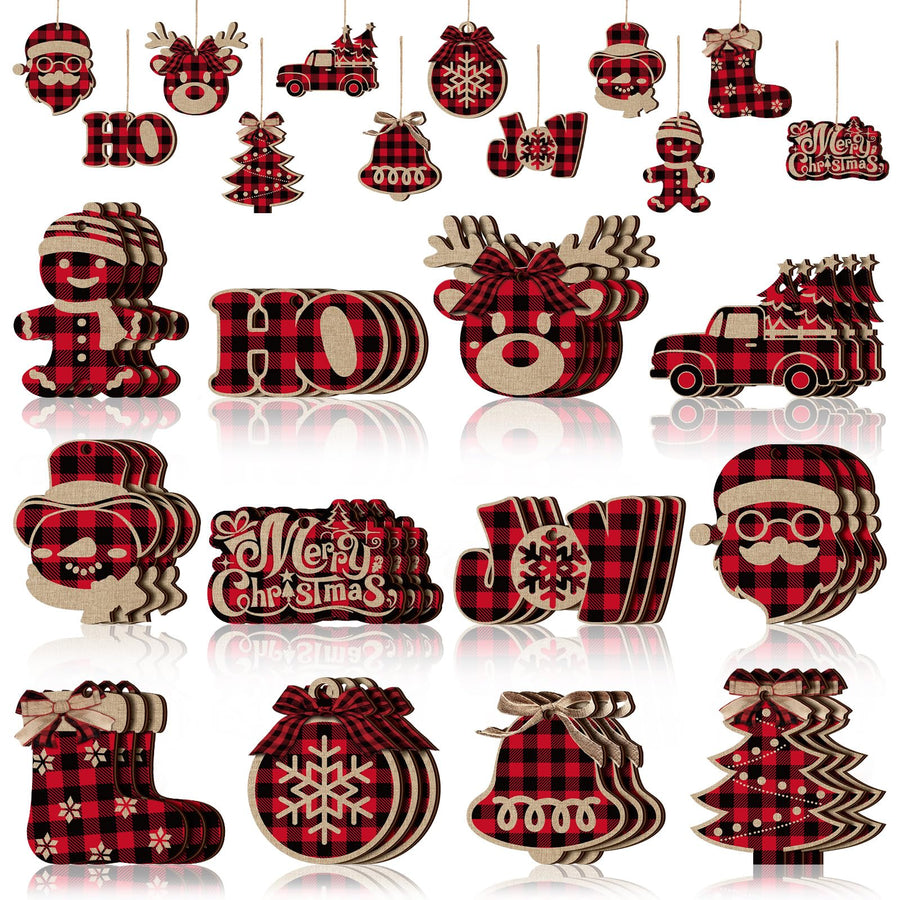36 Pieces Christmas Buffalo Plaid Hanging Ornaments Christmas Tree Wooden Hanging Decor Wooden Christmas Ornaments Snowflake Reindeer Snowman Plaid Christmas Decor, 12 Styles(Black Red)