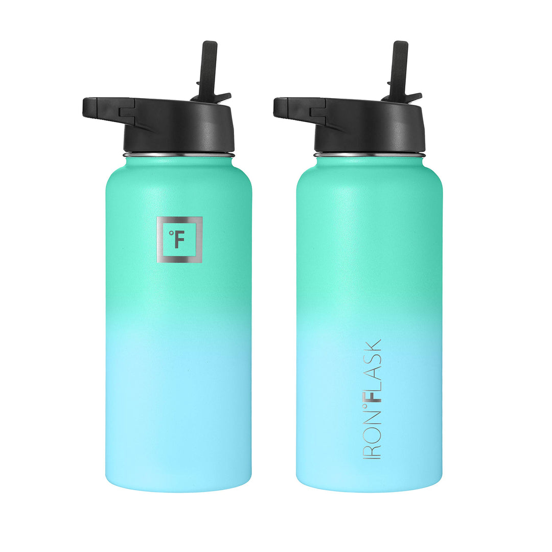 Camping & Hiking Hydration Flask, Wide Mouth, 3 Straw Lids, Stainless Steel Outdoor Water Bottle, Double Walled, Insulated Thermos, Metal Canteen - Sky, 32 Oz