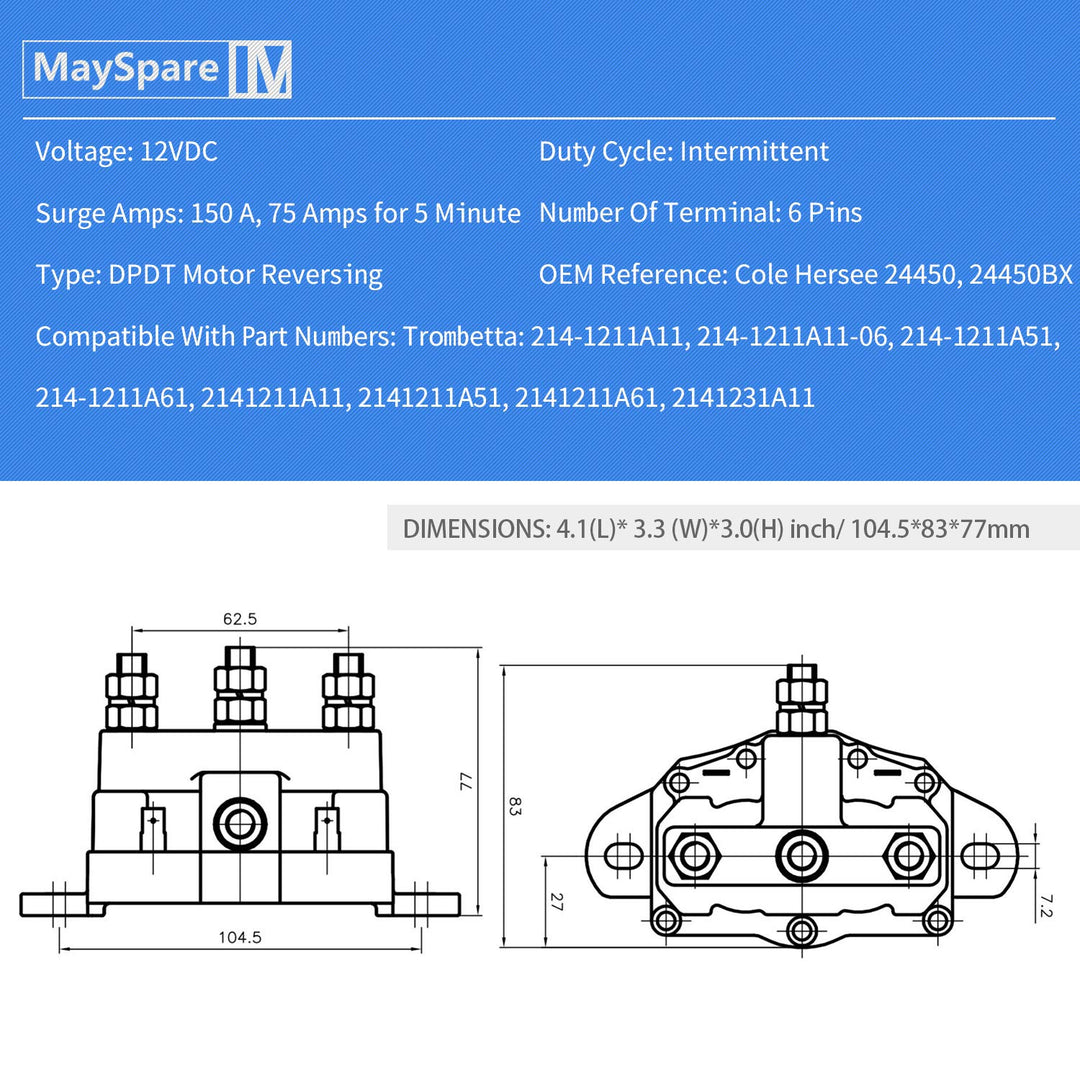 Winch Motor Reversing Solenoid Switch Intermittent Duty Trombetta 214-1231-A11 6 Terminal 12VDC
