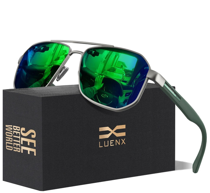 Aviator Sunglasses for Men Driving Square Polarized Polygon Lens - UV 400 Protection with Accessories(Mirror Green Lens)