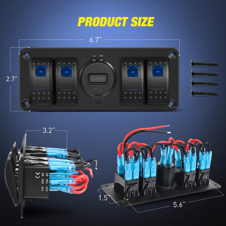 4 Gang Rocker Switch Panel with USB Charger Voltmeter Waterproof 12V-24V DC Rocker Switch with QC3.0 Dual USB Charger and Night Glow Stickers for Cars Trucks Boats RV