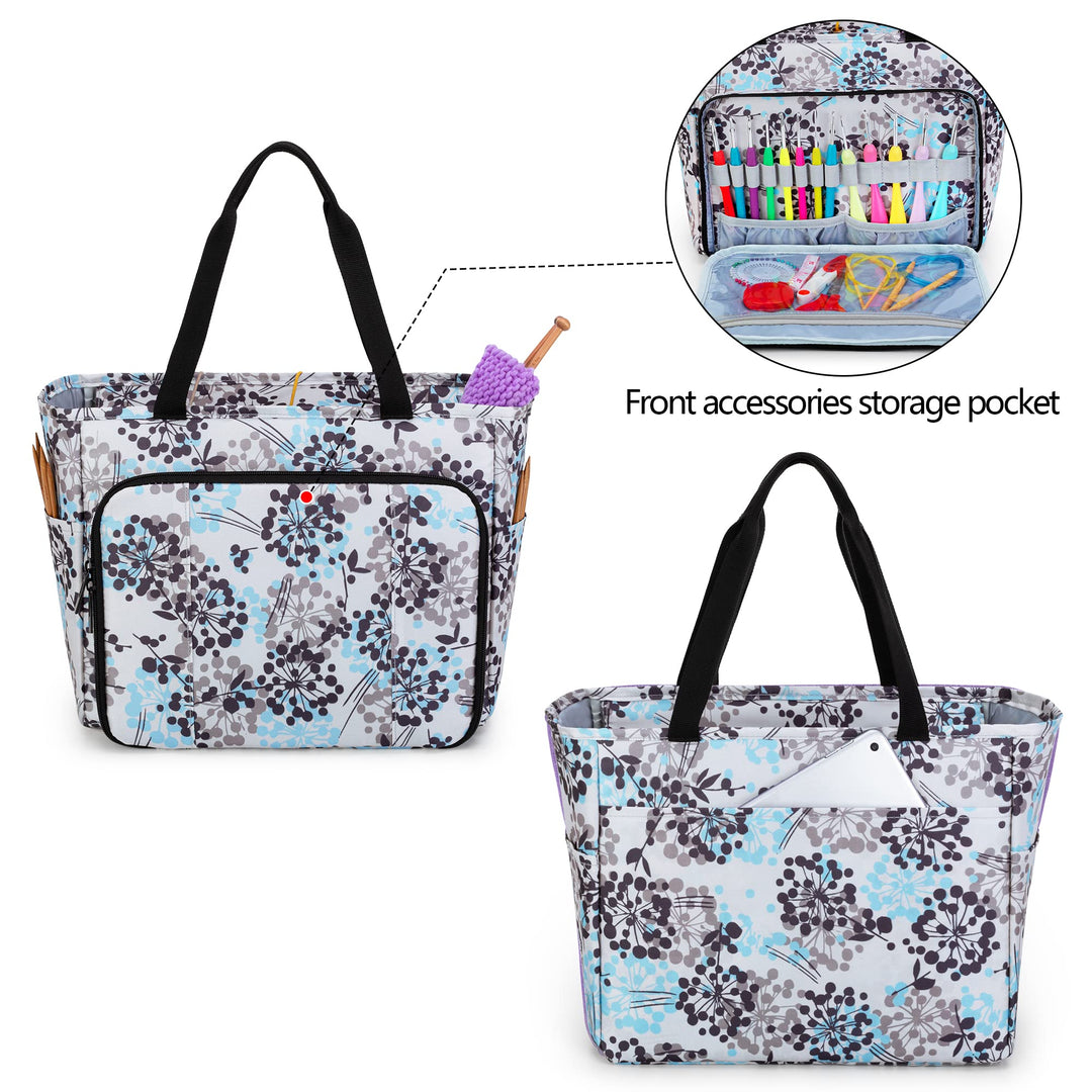 Knitting Tote Bag, Yarn Storage Bag with Pockets for Crochet Hooks, Knitting Needles, Knitting Project and Accessories, Purple (Bag Only, Patented Design)