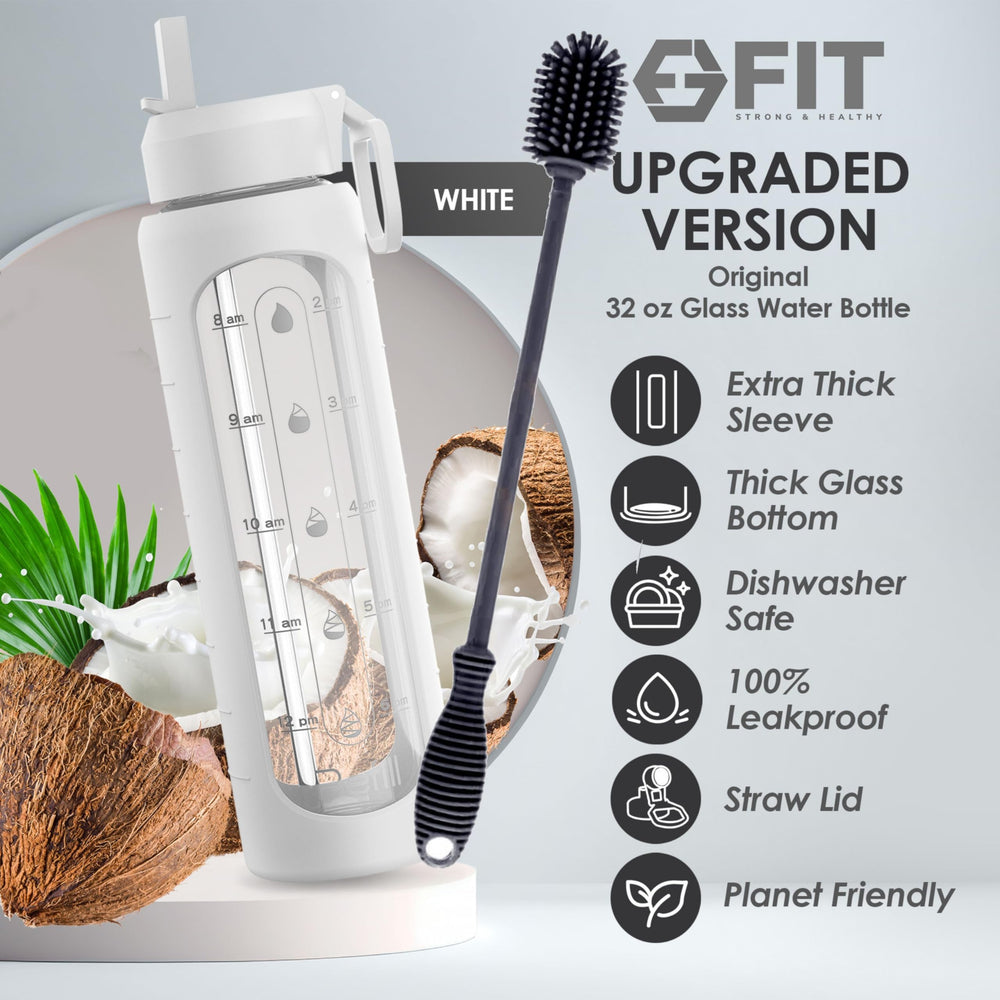 Glass Water Bottle with Time Marker Reminder 32 oz - EXTRA LID, Reusable, Wide Mouth, Leakproof, 1 Liter Glass Drinking Bottle, Large Motivational Water Bottle, Waterbottle (White, Cleaning Brush)