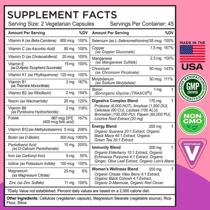 Womens Multivitamin - Whole Food Daily Multi Supplement with B Vitamins, D3, Folate, Enzymes, Zinc & Minerals - Boosts Energy, Immune, Heart Health - Non-GMO, Vegetarian - 90 Capsules