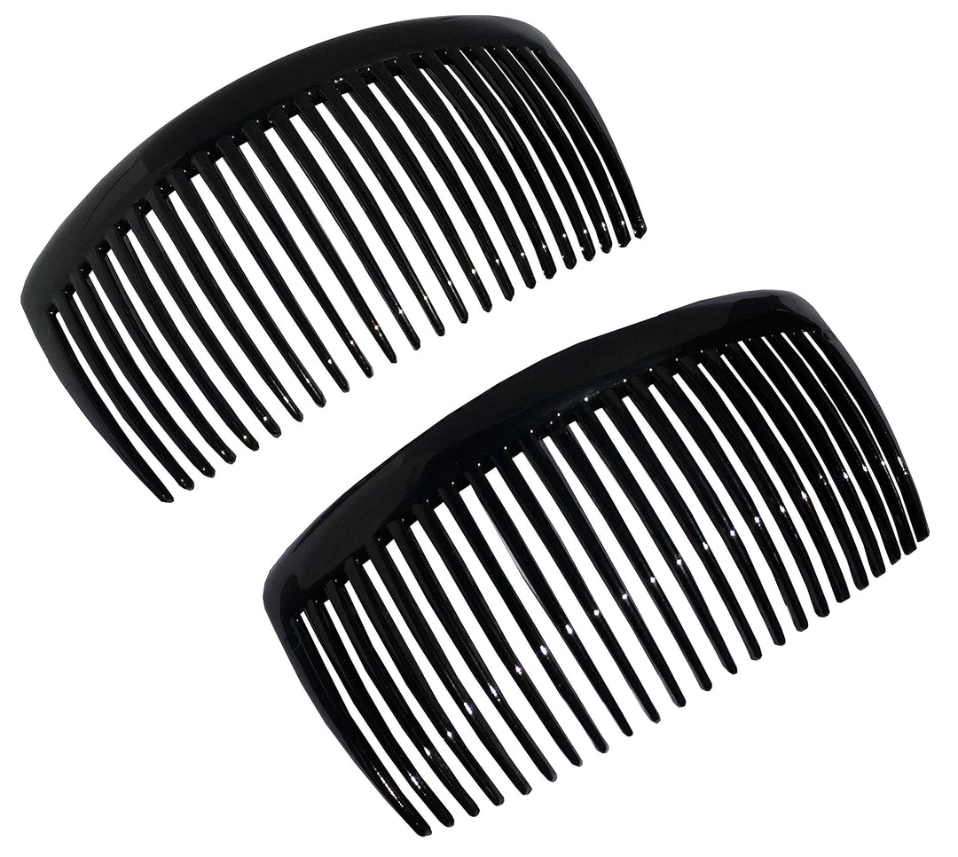 French Large 2 Pieces Glossy Black Cellulose Acetate Good Grip Updo 23 Teeth Hair Side Combs 4.25 Inches